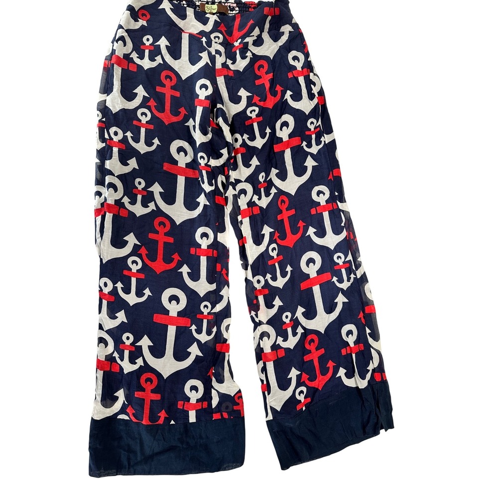 Eva Franco Anchor Print Wide Leg Pants Navy Red Cotton Silk Nautical Size 2